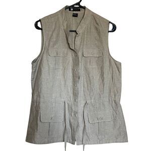 CAROLE LITTLE Khaki 100% Linen Safari Vest Women's Size L Button Front Pockets